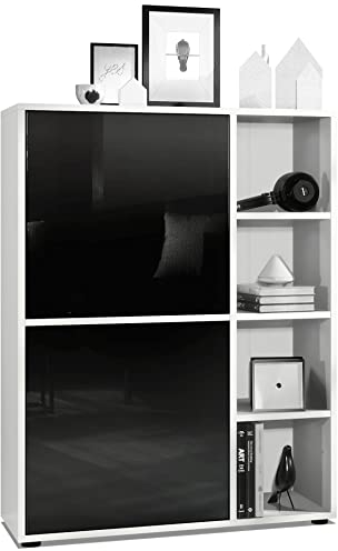 Vladon Highboard Schrank Anrichte Cuba mit 8 Fächern, Made in Germany, Korpus in Weiß matt/Fronten in Schwarz Hochglanz