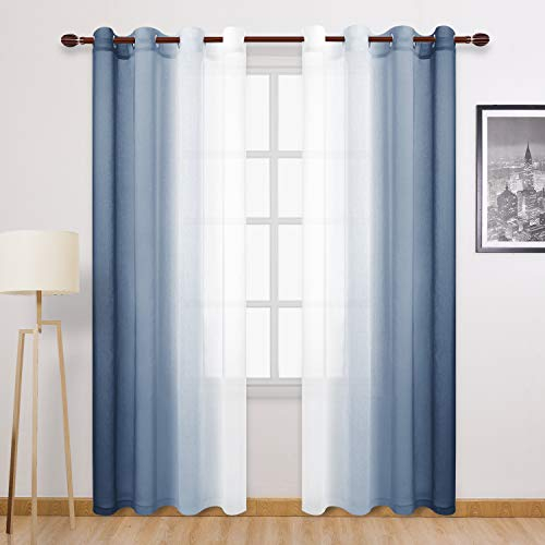 DWCN Ombre Vorhänge aus Kunstleinen, halb-Voile, Farbverlauf, Ösen oben, Vorhänge für Schlafzimmer und Wohnzimmer, 132 x 244 cm lang, 2er-Set Fenstervorhang, Denimblau