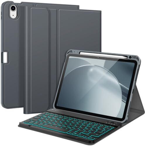 FINTIE Hülle mit Tastatur für iPad Air 11 Zoll(M4/M3/M2),iPad Air 5/4 10.9 | 7-farbig beleuchtete, magnetisch abnehmbare Tastatur, TPU-Rückseite, Schutzhülle mit Stifthalter, QWERTZ, Himmelgrau