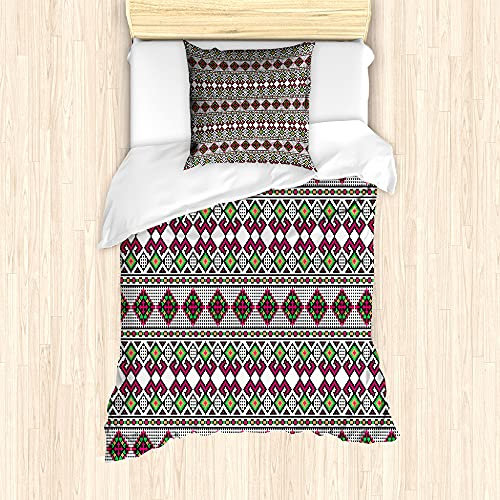 ABAKUHAUS Retro Bettbezug Set für Einzelbetten, Ukrainische traditionelle Kunst, Milbensicher Allergiker geeignet mit Kissenbezug, 135 cm x 200 cm - 80 x 80 cm, Mehrfarbig