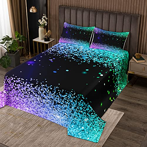 Bunte Glitzer Tagesdecke 220x240cm Lila Blau Pailletten Tagesdecke 3er Set für Kinder Jungen Mädchen Zimmer Dekor Sparkle Muster Steppdecke Moderne Girly Bettwäsche Steppdecke mit 2 Kissenbezügen