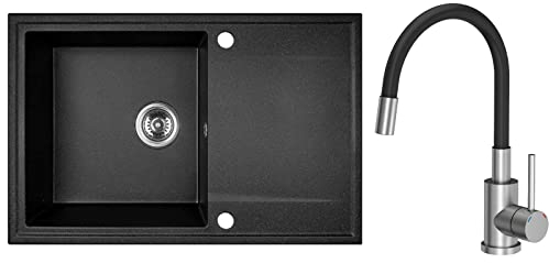 VBChome Fregadero con grifo 67 x 44, negro moteado, fregadero de cocina de granito, fregadero frente visto, fregadero de cocina con sifón, resistente a las manchas, fácil de limpiar, moderno, flexible