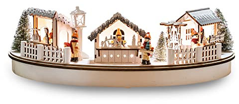 hellum LED Holz-Weihnachtsmarkt-Szenerie im Halbkreis, mit 6h-Timer, 1 LED, warmweiß, Ø ca. 39cm, batteriebetrieben (2x AA, nicht enthalten), innen IP20, Dekoration, Weihnachtsdekoration, 524604