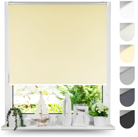 Tom'Shop Verdunkelungsrollo Klemmfix Ohne Bohren Creme 80cm x 220cm | Thermorollo Blackout Klemmrollo Fensterrollo Seitenzugrollo mit Klemmträger für Hitzeschutz Lichtschutz Sichtschutz