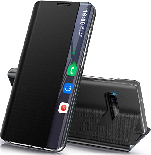 Handyhülle für Samsung Galaxy S10 Plus Hülle Klappbar, Luxus Dünn Spiegel Flip Leder Hard PC Stoßfest Case für Samsung Galaxy S10 Plus 5G Hülle mit Ständer, Clear View für Samsung S10+ 4g Hülle