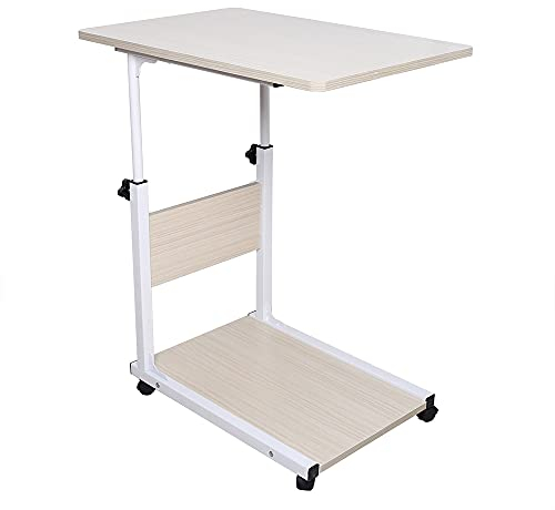 Beistelltisch Sofatisch Betttisch Kaffeetisch Betttisch Laptoptisch Metall Holz Beweglicher Höhenverstellbarer Notebooktisch Schreibtisch mit Rollen (Weißer Ahorn)