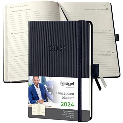 SIGEL C2413 Terminplaner Wochenkalender 2024, ca. A6, schwarz, Hardcover, 176 Seiten, Gummiband, Stiftschlaufe, Archivtasche, PEFC-zertifiziert, Conceptum