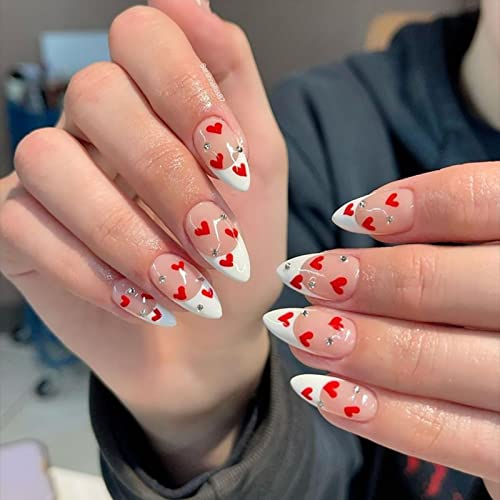 JUSTOTRY 24 Pcs Stiletto Faux Ongles Court avec Rouge Coeur Motif,Blanc French Press on Nails Courts,Pointu Amande Faux Ongle Moyen avec Colle Pour Femme et Ado,Almond Faux Ongles à Coller Nail Art
