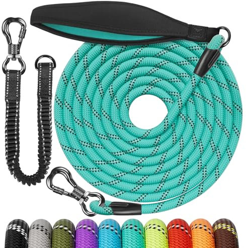 Aystkniet Longe pour Chien 5m/10m/15m/20m/30m, Laisse avec Ligne Elastique, Crochet Pivotant et Poignée Rembourrée, Deux Façons D'utiliser Laisse de Dressage pour Chiens de Taille Moyenne et Grande