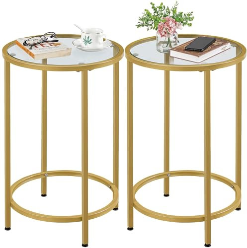 Yaheetech Round Side Table Set of 2, Tall Modern Gold End Table with Glass Top & Metal Frame for Living Room Balcony Small Space, 40.5 x 40.5 x 61 cm, Easy Assembly, Mustard Gold