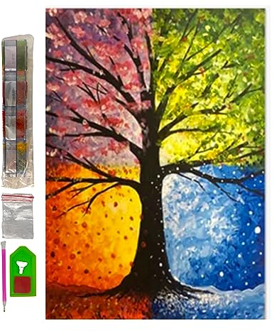 SusggO Diamond Painting Kit Completo, Set Pintura de Diamantes 30X40cm Diamond Painting accesorios DiY 5D Cuadro Punto de Cruz Bordados Manualidades Decoracion Hogar Pared (ARBOL ESTACIONES)