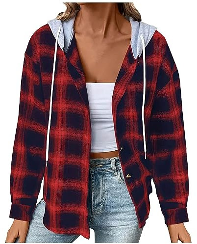 Hoodie Jacke Damen Kariertes Hemd Blusen mit Kapuze Karo Muster Overshirt Plaid Boyfriend Hemdbluse Karohemd Button-down Langarm Blusenshirt