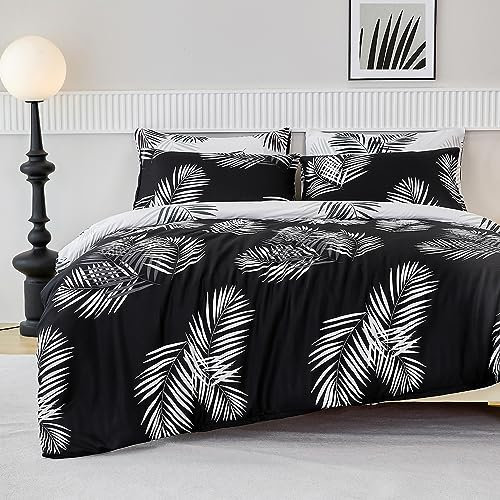 Parure de Lit Réversible avec Motif à Feuilles de Palmier Housse de Couette 220x240 cm 2 Personnes et 2 x Taies d'oreiller 65x65 cm Linge de Lit Moderne Adulte avec Fermeture Eclair, Noir