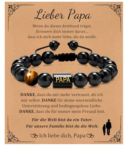 FLHEART Herren Armband für Papa Geschenk - 10mm Verstellbare Gravur Papa Perlenarmband Herren für Vater, Männer Armband Geschenke für Papa Vatertag Geburtstag