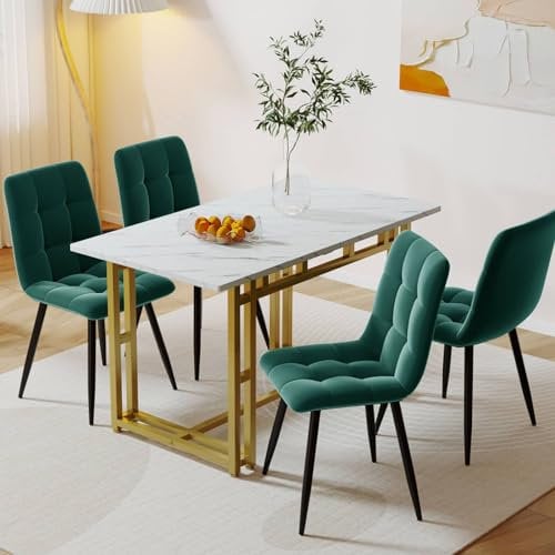 Sweiko Table à manger et chaise (1 + 4) - Table à manger dorée avec 4 chaises en velours vert foncé - Chaise de loisirs avec dossier - Table de cuisine moderne avec 4 chaises rembourrées, 297198600AAD
