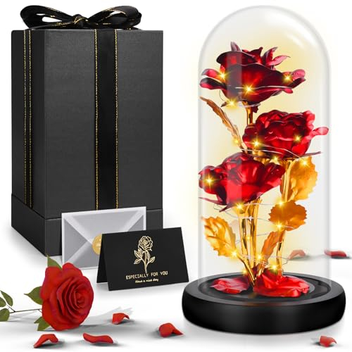TAVADA La Bella e La Bestia Rosa,Rosa Eterna,Rosa per Sempre in Cupola di Vetro,Fiori di Rosa con Luce a LED,Idea Rosa Eterna Regalo per Festa della Mamma,San Valentino,Matrimonio,Compleanno,Natale