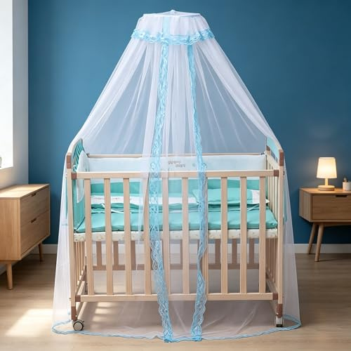 Vawolecy Mosquitera universal para cuna, plegable, mosquitera de malla con cúpula de palacio con encaje para bebés y niños (azul)