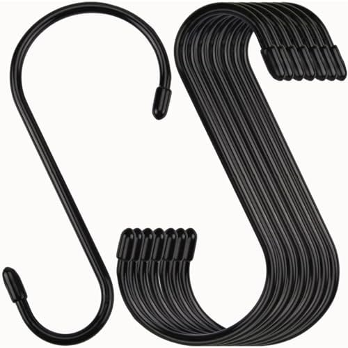 Nisoger 24 Pack 6 Inch Black Vinyl Coated S Hooks with Rubber Stopper