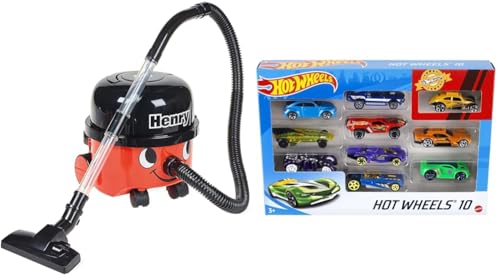 Casdon Henry & Hetty Toys - Henry Vacuum Cleaner - Red Vacuum Cleaning Toy with Real Function & Hot Wheels Toy Cars & Trucks in 1:64 Scale, Set of 10, Multipack of Die-Cast Race or Police Cars