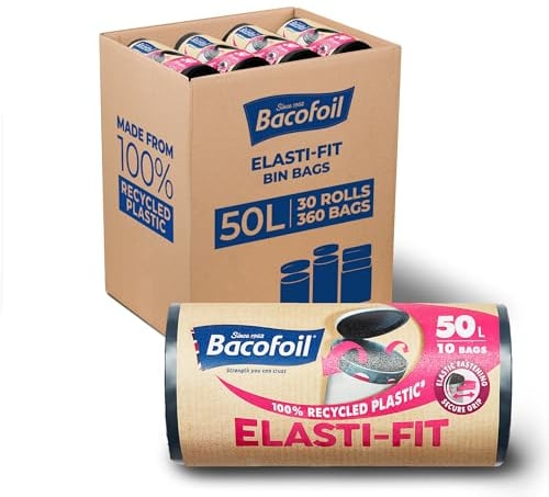 Bacofoil Elasti-Fit Bin Liners with Drawstring Handles 50L - Leak-Proof Bin Bag with Elastic Fastening for a Secure Fit (30 Rolls, 300 Bags)