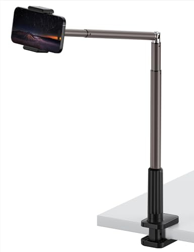 SupeDesk ausziehbarer Handyhalter,C-Klemme Handyhalterung Tisch,für 3,5-6,7 Zoll Handys,Höhe und Winkel verstellbar,360° drehbar,Aluminiumlegierung,leicht,robust,Overhead-Aufzeichung,für Bett und Sofa