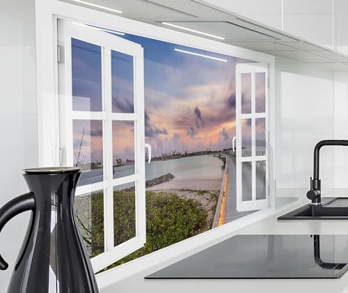 timalo Herd Spritzschutz Wand Spüle, Küche Küchenrückwand Glasoptik | Acryl Glas 2mm | Glasrückwand Acrylglas Fensterblick Fenster Rückwandschutz Platte | 120x60cm Sonnenuntergang am Meer