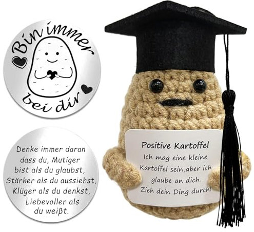 Positive Kartoffel Deutsch mit Bachelor Hut Glücksbringer Pocket Hug Glückskartoffel Emotional Support Plüschtiere Geschenkideen für Abi 2025 Geschenke Schule Du Schaffst Das Glücksbringer Mutmacher
