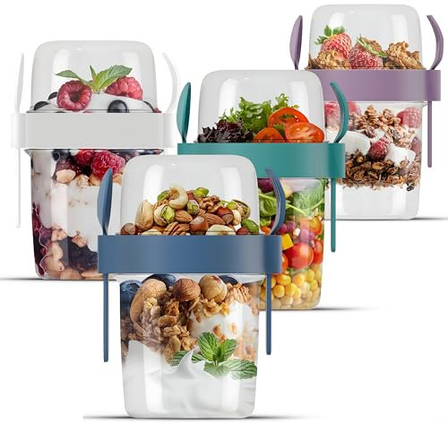 QUASLEQ Paquete de 4 tazas de yogur con tapas y cucharas, recipientes de yogur reutilizables para llevar, tazas de yogur portátiles con almacenamiento de cobertura, ideales para preparación de avena y