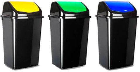Acan Tradineur - Set de 3 Cubos de Basura con Tapa basculante para Reciclaje - Fabricado en plástico - Capacidad: 50 litros - Reciclaje para Plástico, Papel y Vidrio - 68,5 x 40 x 35 cm