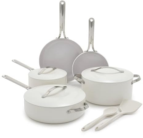 Greenpan Nova 10-Piece Cookware Pots and Pans Set, Oprah’s Favorite Things 2024, PFAS-Free Ceramic Nonstick, Fry, Sauté, Stockpot, Utensils, Lids, Induction Suitable, Dishwasher, Oven Safe, Cream