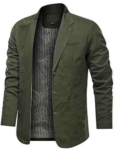 Vardaglig linneblazer för män, lätt sommar andningsbar jacka, enkelknäppt lös passform kostymrock, snygg avslappnad kavaj, mjukt linne bomull sportjacka, smart casual button down blazer, Armégrönt, L