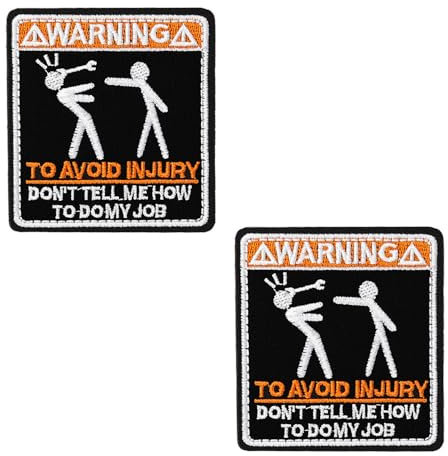 2 Stück Warning:To Avoid Injury Lustige Cool Mode MEME Arbeiter Badge Hook-Patches für Arbeitskleidung, Uniformen, Rucksäcke, Jacken, Jeans, Westen, Hosen, Jacken, Reparatur Dekoration