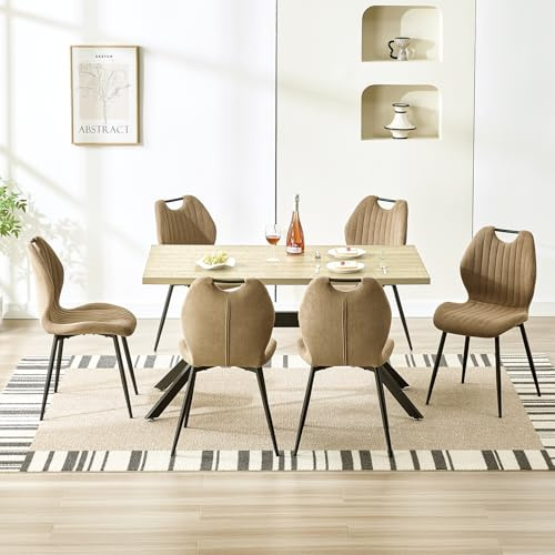 LEWE Essgruppen Esstisch aus Holz mit 6 Braun Stühlen 140 x 80 x 76 cm | Rechteckig Esstisch mit 6 Esszimmerstühle mit Hohe Rückenlehne, Integrierter Griff, Tischset für Küche Esszimmer Wohnzimmer