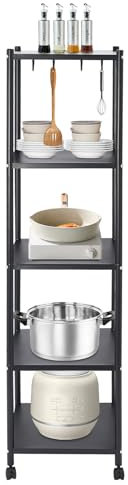 TouTToNG Stehendes Regal Küchenregal 5 Etagen Schmal Lagerregal Metallregal, Standregal mit Rädern, Haken, Fußpads für Küche, Büro, Bücherzimmer Schwarz