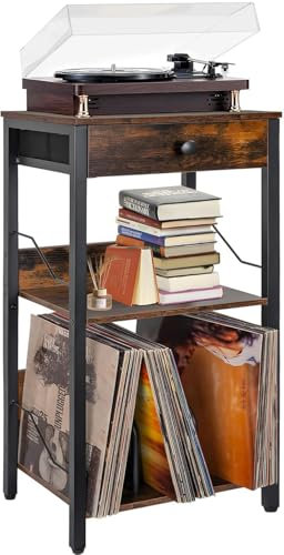 BQKOZFIN 3-Tier Record Player Stand, Vinyl Record Player Table with Drawer & Storage Shelf Up to 100 Albums, Industrial Turntable Stand End Table Nightstand Record Player Shelf for Living Room,Bedroom