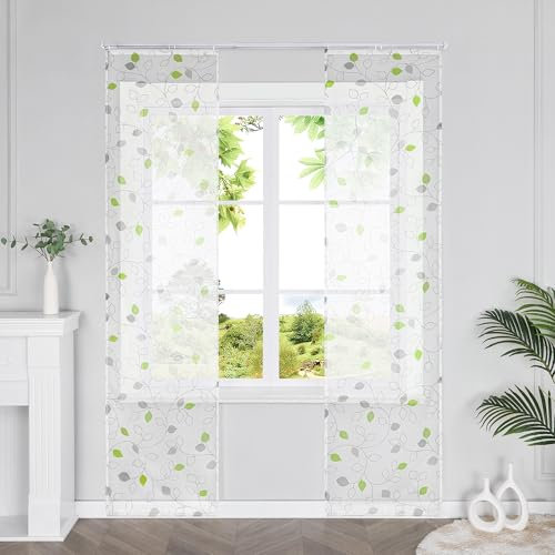 HeichkelL Schiebegardinen Transparente Gardinenschal Schiebevorhänge mit Blätter 2er Set Flächenvorhänge Landhaus Vorhänge mit Klettband Grün BxH 57x225 cm