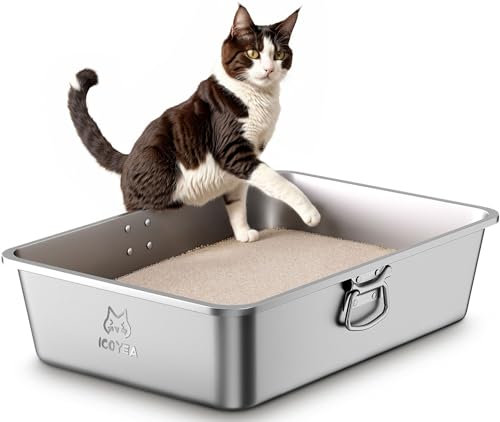 Lettiera Acciaio Inox per Gatti, con Maniglie Laterali, Lettiera Grande Aperta per Gatto Grandi, Piccoli e Conigli, Lettiera Gatto XXL per Gatti Antiaderente, Facile da Pulire, Antiodore e Spaziosa