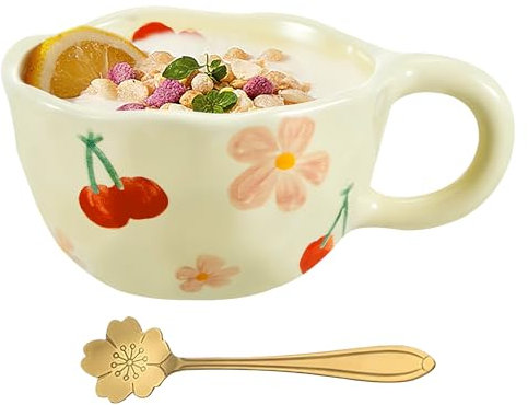 HENGBI 250ml Tasse céramique fleur, tasse à café, tasse the kawaii, Cute mug avec cuillère, tasses esthétiques créative, anniversaire femme, Cadeau femme original utile