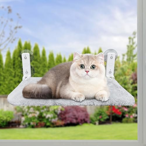 Crihovy Hamac Chat Fenetre, Lit Suspendu pour Animal de Compagnie, Perchoir de Fenêtre pour Chats, avec 4 Ventouses à Bouton, pour Tous Les Chats,Jusqu'à 18kg,Blanc (52 X 30cm), Durable, Solide