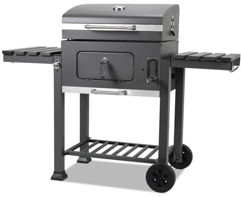 ISOISL Barbecue au charbon de bois avec bol à charbon réglable en hauteur, barbecue avec couvercle, roues, poignée en acier inoxydable, thermomètre, ouvertures d'aération réglables, barbecue XXL au