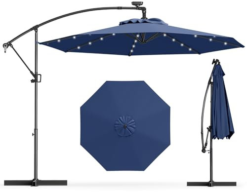 GOPLUS 3M Parasol Deporte avec 32 LED Solaires, Parasol de Jardin Extérieur 8 Baleines avec Tissu Protection Solaire, Rotatif à 360° pour Patio, Base Non Incluse (Bleu Foncé)