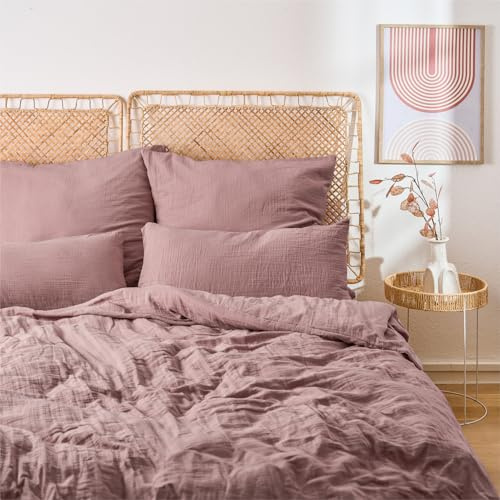 Blumtal Musselin Bettwäsche-Set 155x220 + 40x80 cm, Violett | OEKO-TEX zertifiziert, aus 100% Baumwolle, extra weich und bei 40 °C waschbar – leichte Sommerbettwäsche.