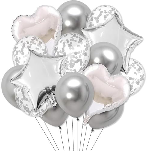 Ovanda Silber Luftballons Set 14 Stück, Silber Konfetti Folienballon, Luftballons Hochzeit, Herzluftballons, Luftballons Geburtstag für Valentinstag, Hochzeit, Verlobung, Party, Helium Luftballons