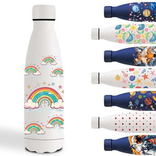 Gourde, 500ml Gourde Isotherme, Gourde Personnalisée avec Arc-en-Ciel, Gourde Enfant Garde au Froid Pendant 24 Heures/Chaud Pendant 12 Heures, Bouteille d'eau pour l'École, Bureau, Sports, Blanc