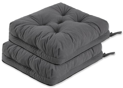 PRIMEPATIO Sitzkissen, 2er Set Stuhlkissen aus Cordstoff, Memory Foam mit Doppel-Layer Design, Befestigungsriemen & Tacker-Design, Pflegeleicht für Esszimmer & Bürostühle, 40x40x8cm, Anthrazit