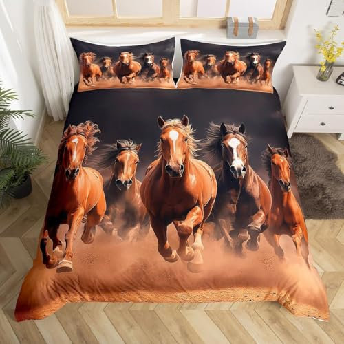 RZPFQB Galoppierendes Pferd Kinder Bettwäsche 135x200 Bettwäsche Set für Teens Jungen Mädchen Kinderbettwäsche Pferde Bettbezug Set Braun Laufendes Pferd Microfaser Bettwäscheset