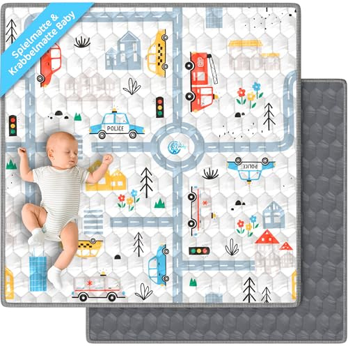 Krabbelmatte Baby Spielmatte Faltbar 127x127 cm Rutschfest Valbabycare | Baumwolle mit hoher Dichte, maschinenwaschbar und Stadtstrecken-Design mit Strassen, Fahrzeugen und Verkehrszeichen.