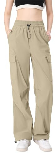 Atxnn Pantalon Cargo Femme Strech Large Pantalons de Travail à Séchage Rapide Elastique Taille Haute Multipoche Y2K Streetwear, Khaki L