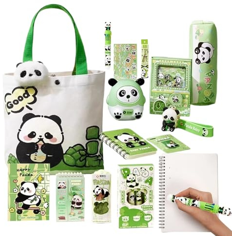 Panda-Federmäppchen – Panda-Schreibwaren-Set, großes Fassungsvermögen, mehrschichtiges Federmäppchen, Paanda-Federmäppchen mit magnetischem Lesezeichen und Brosche, inklusive Radiergummi, Notizbücher