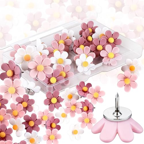 Zeaying 30 Stück Pins Für Pinnwand,Weiß und Rosa,Blumenform Pins | Für Korktafeln, Pins Für Pinnwand, Dekorative Stecknadeln, Reißzweckenbrett, Pinnwand Für Büro, Schule, Zuhause